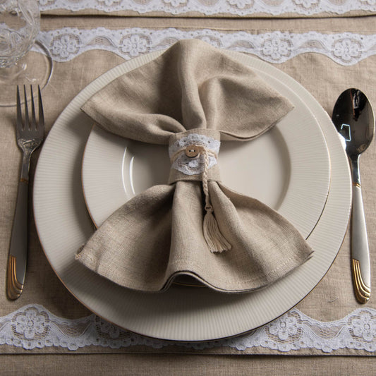 Lace edged natural table linen set