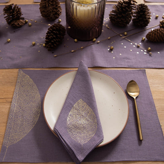 Gold foil printed amethyst smoke table linen set