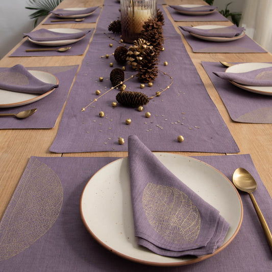 Gold foil printed amethyst smoke table linen set