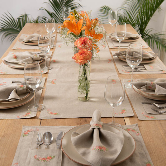 Embroidered natural table linen set