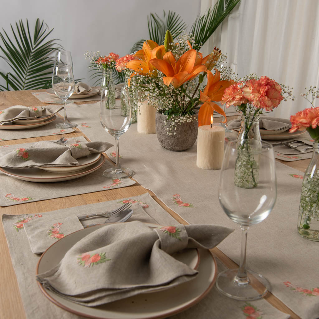 Embroidered natural table linen set