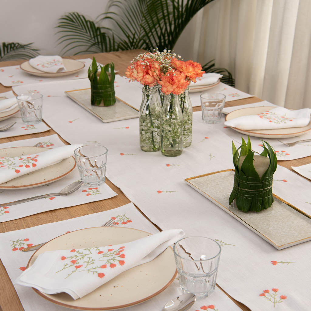 Embroidered white table linen set