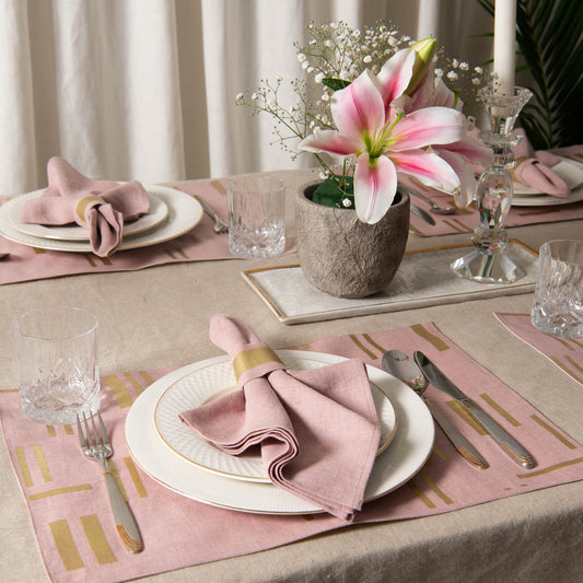 Gold foil printed table linen set dusty rose