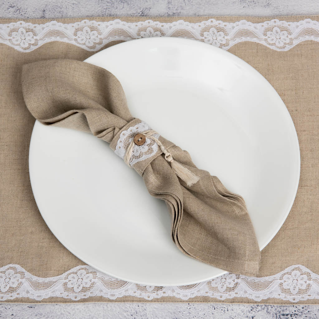 Lace embellished natural linen napkin rings