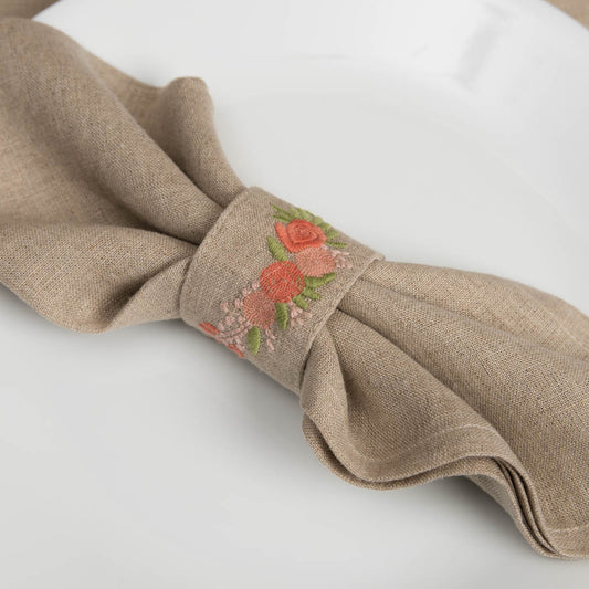Embroidered natural linen napkin rings