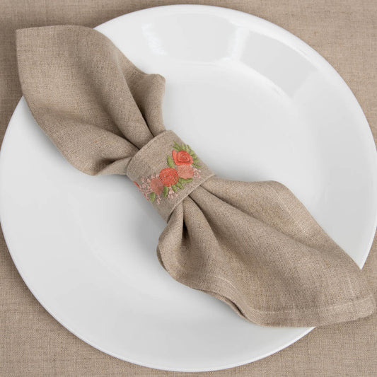 Embroidered natural linen napkin rings