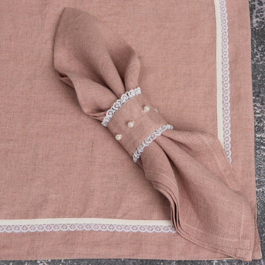 Lace and bead embellished dusty rose linen napkin rings