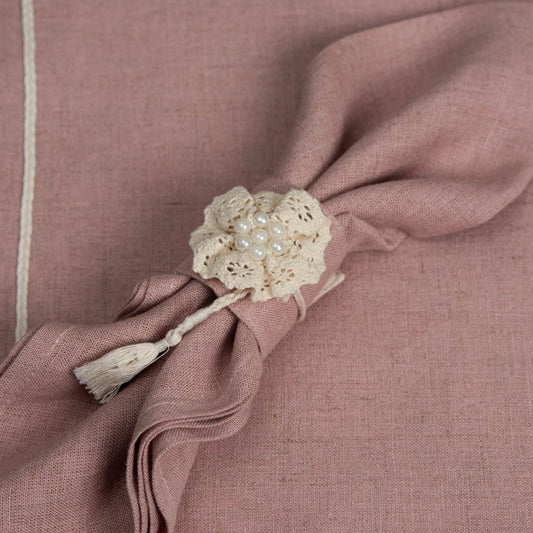 Crochet embellished dusty rose linen napkin rings