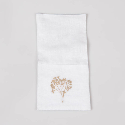 Embroidered white linen single pocket cutlery holders