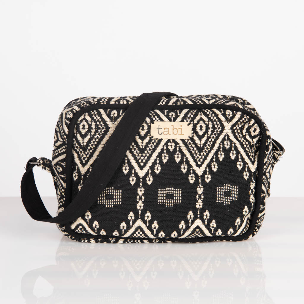 Cross body tapestry bag with zip closure