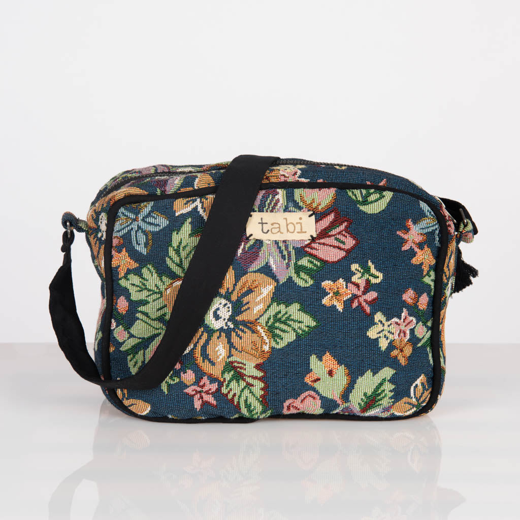 Cross body tapestry bag with zip closure